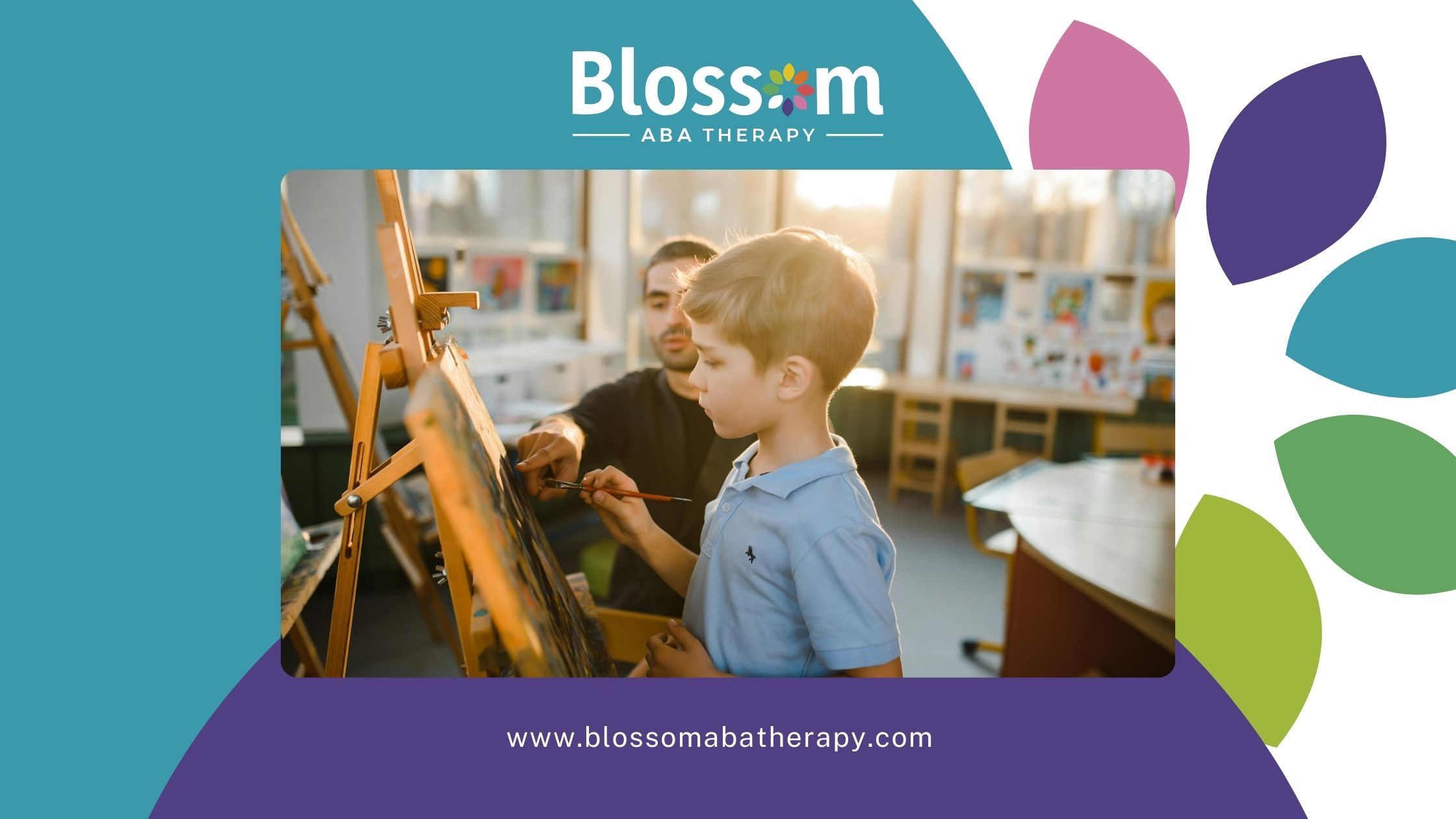 A young boy with autism painting with a BCBA at an art class during ABA therapy in Tennessee.