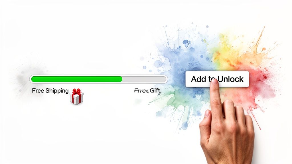 A green progress bar showing 'Free Shipping' and a gift, with a hand pressing 'Add to Unlock' button for rewards.