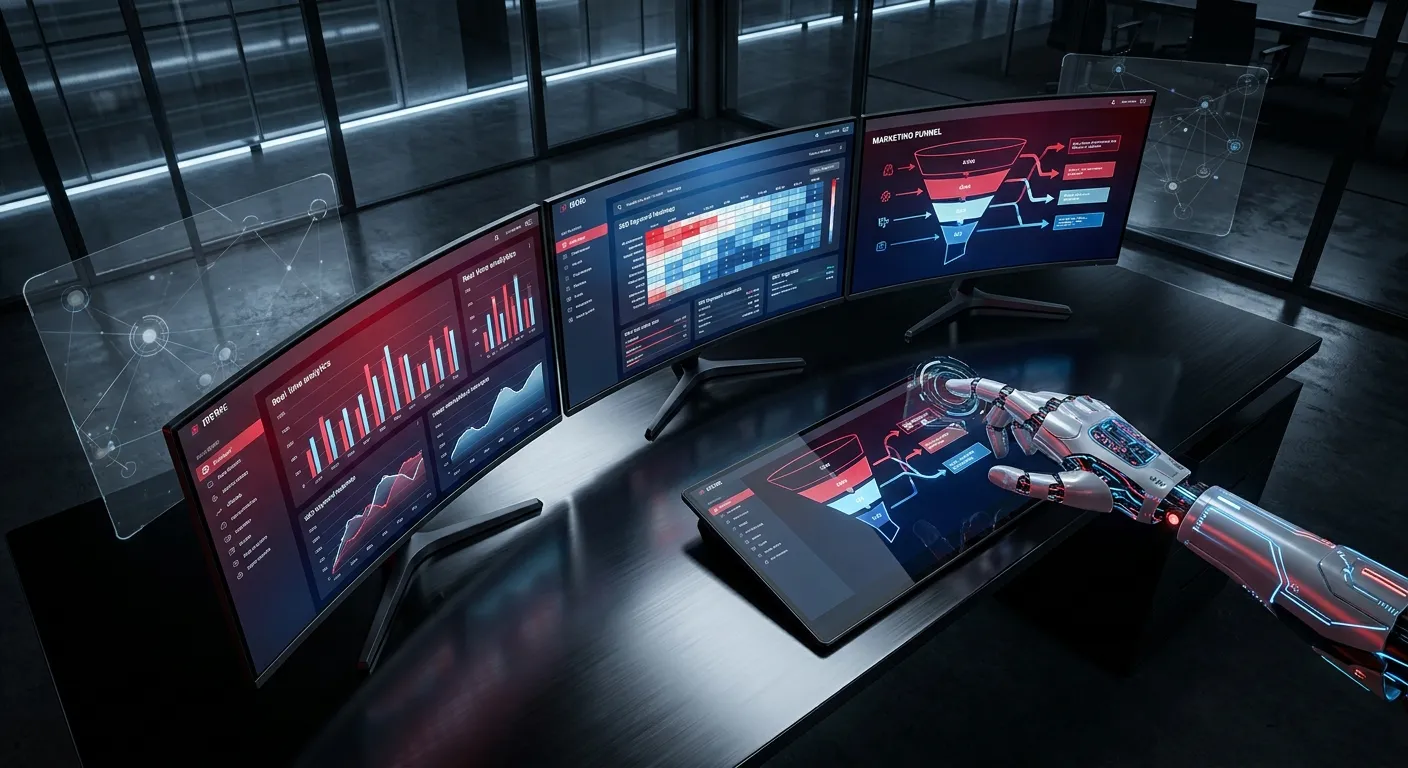 Robotic arm analyzes digital marketing data at RockN' Socials agency.