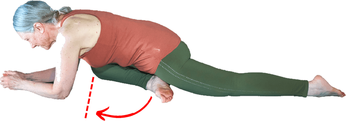 Pigeon Pose seen from above, with a red dotted arrow showing the front shin being dragged forward towards parallel with the top of the mat.