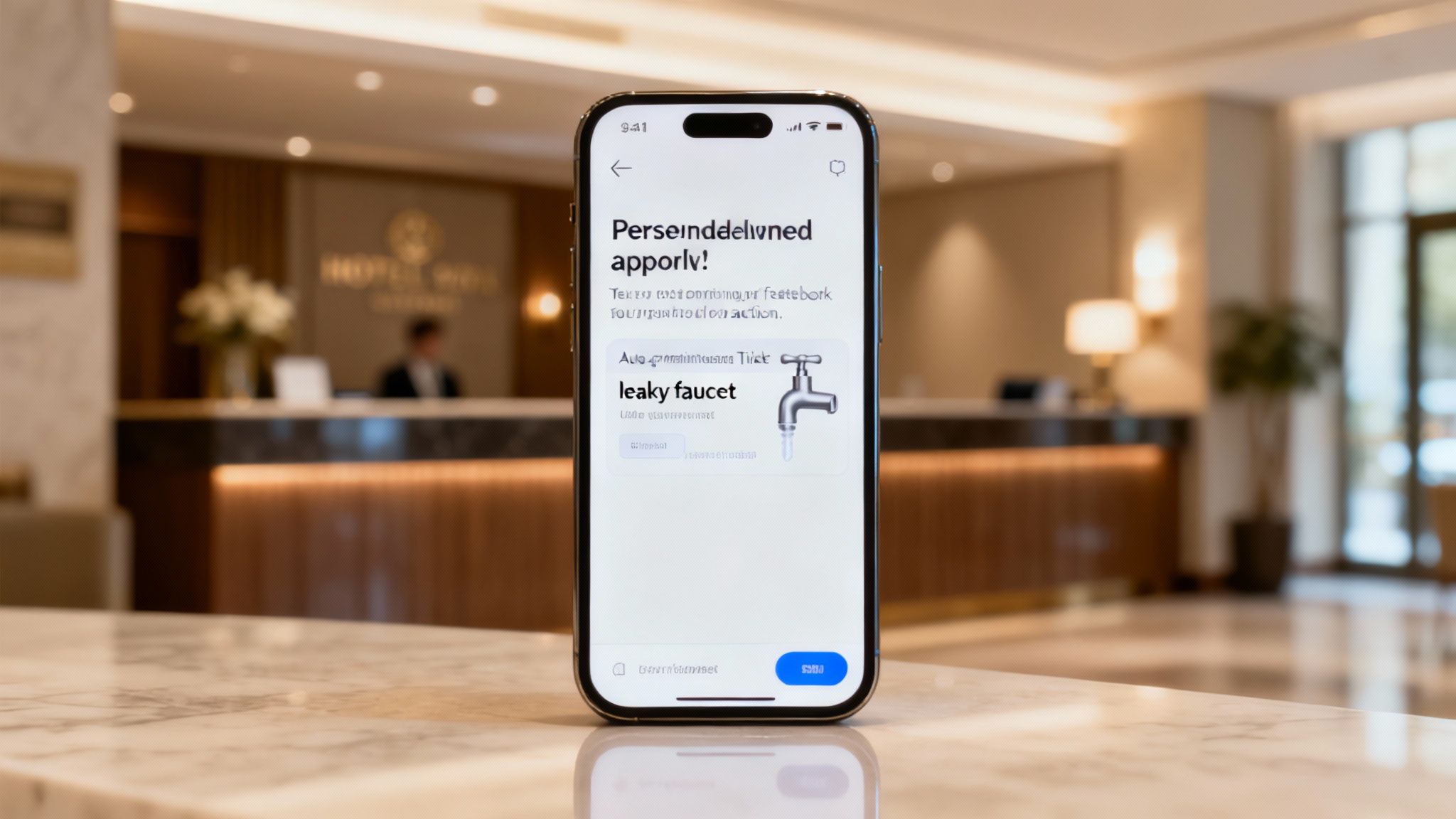A hotel manager using a tablet to resolve a customer issue with a focused expression.