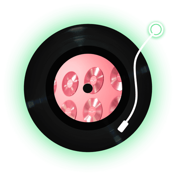  stylized vinyl record with a glowing green border and a pink center, representing a diverse and curated music playlist generated by Sunora AI.