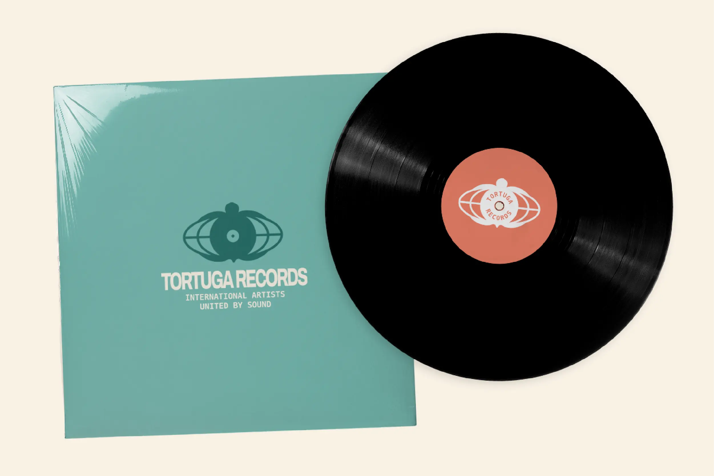 Green Tortuga Records vinyl cover featuring the turtle globe logo, “International Artists United by Sound” tagline, and packaged record mockup.