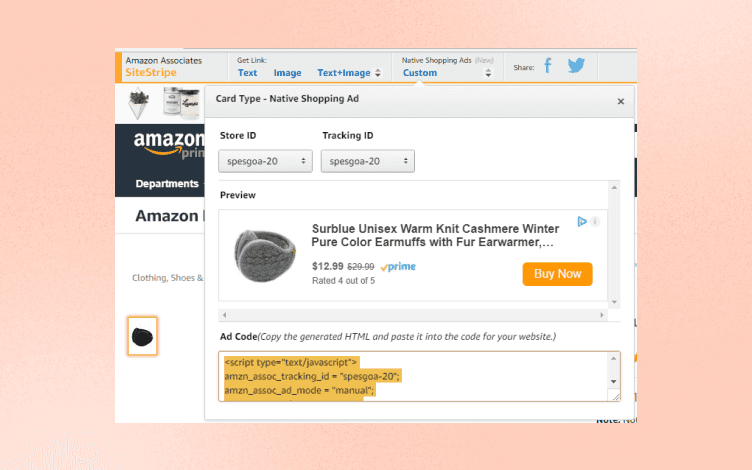 A screen shot of a web page with an amazon product on it and generated script tags