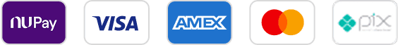 Meios de pagamento: NuPay, Visa, Amex, Master Card e Pix