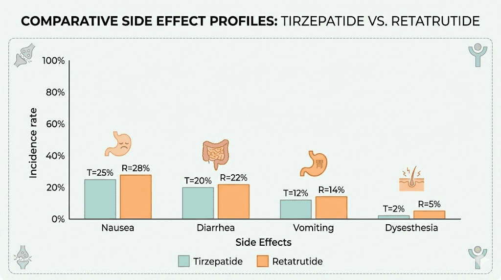 Tirzepatide versus retatrutide side effect rates comparison chart