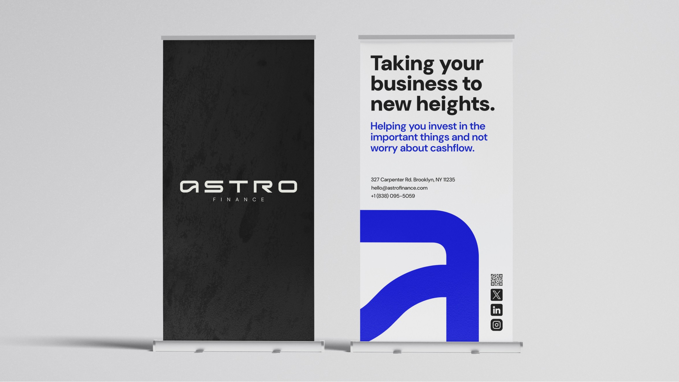 Astro Finance roller banner at marketing conference.