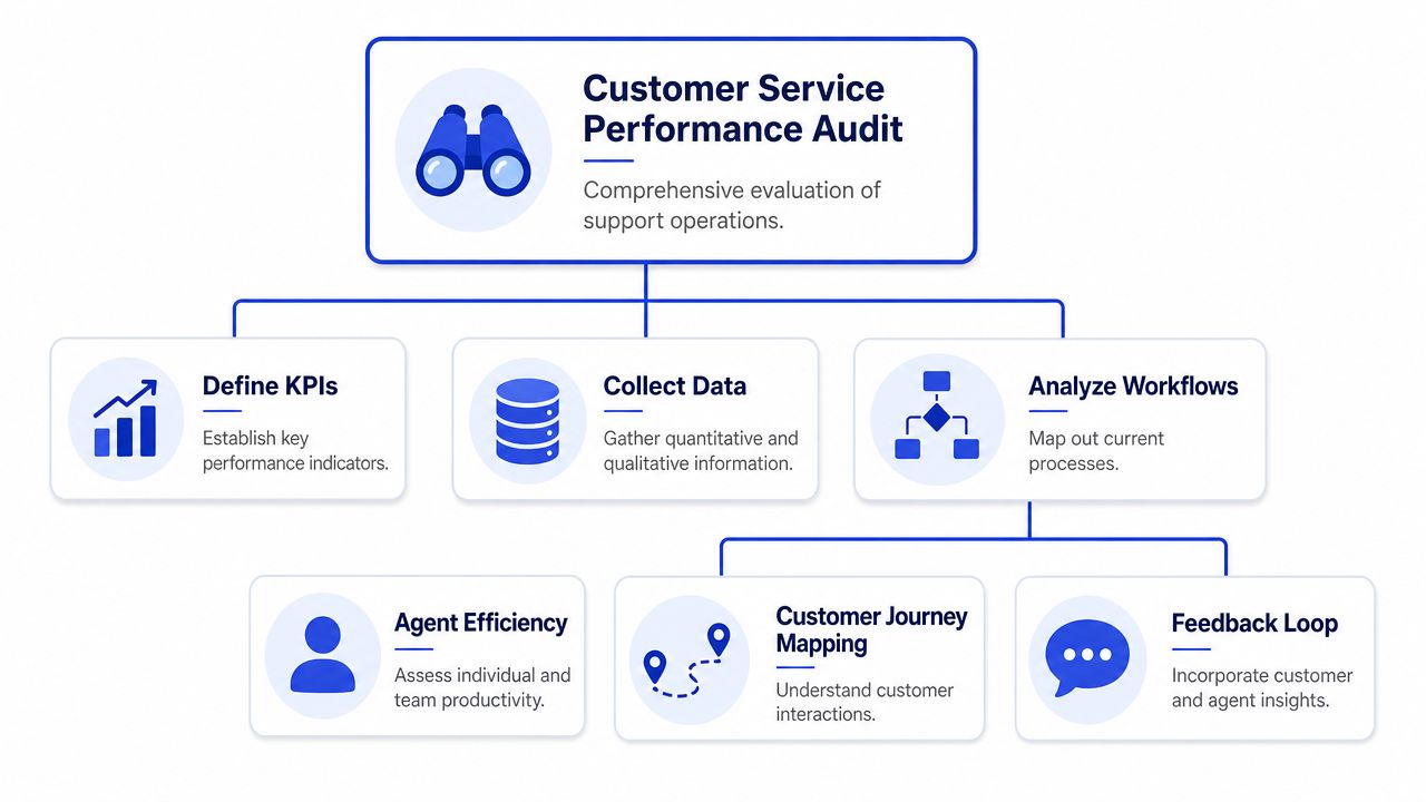 A flowchart diagram illustrating the steps for conducting a comprehensive customer service performance audit for business operations.