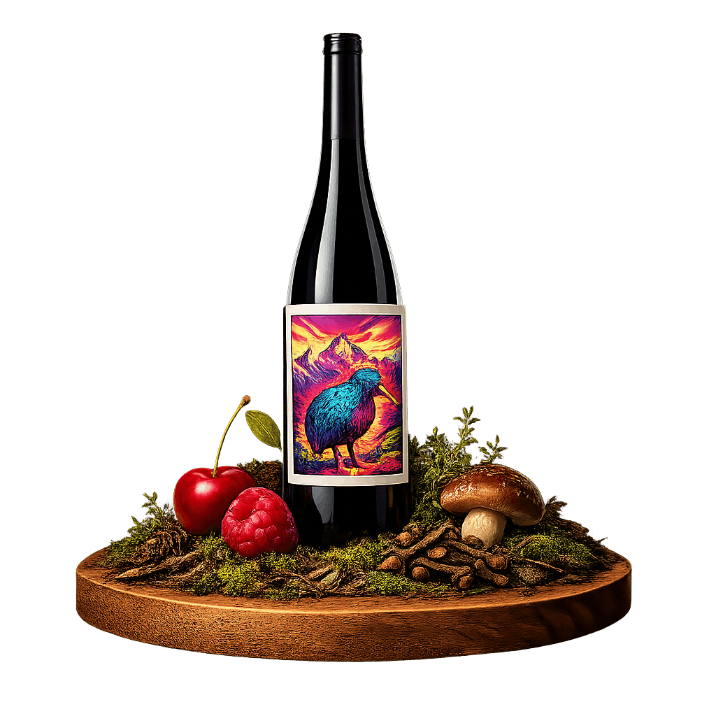 Artistic label and flavor profile for New Zealand Pinot Noir on a rustic wooden table.