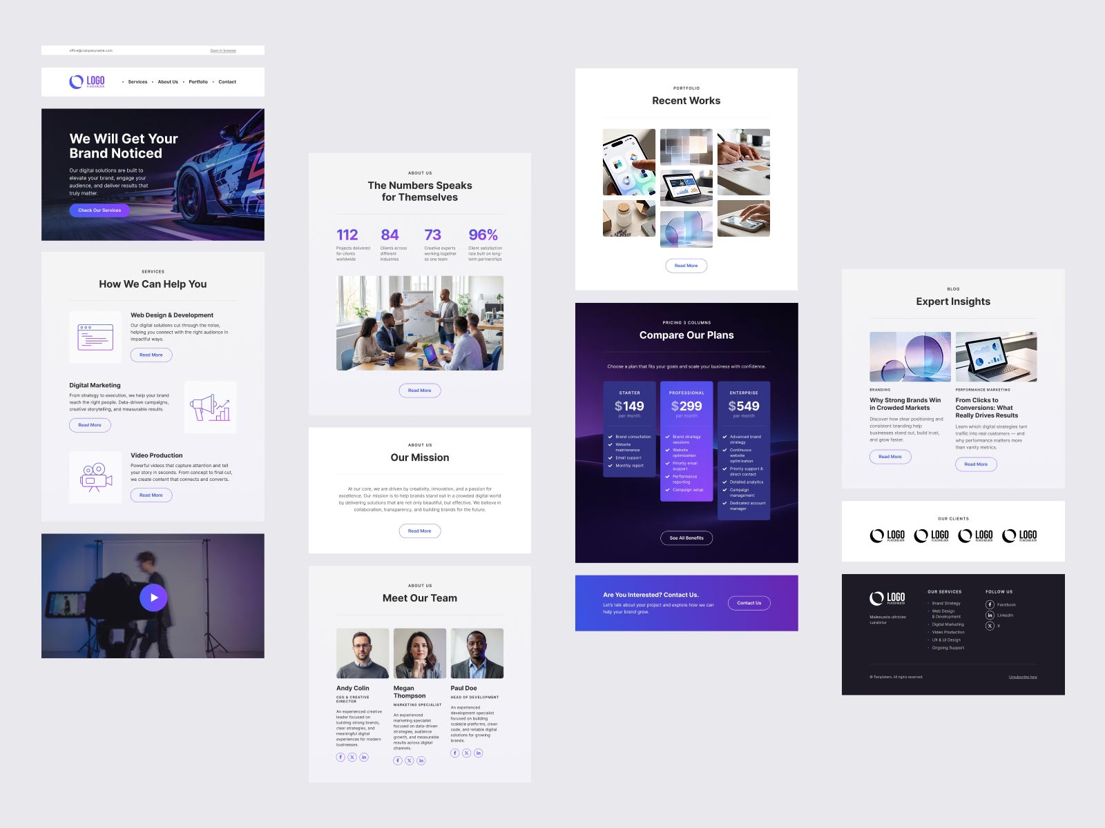 Detailed view of Kora newsletter sections: services list, statistics with team photo, three-tier pricing comparison, and portfolio image grid