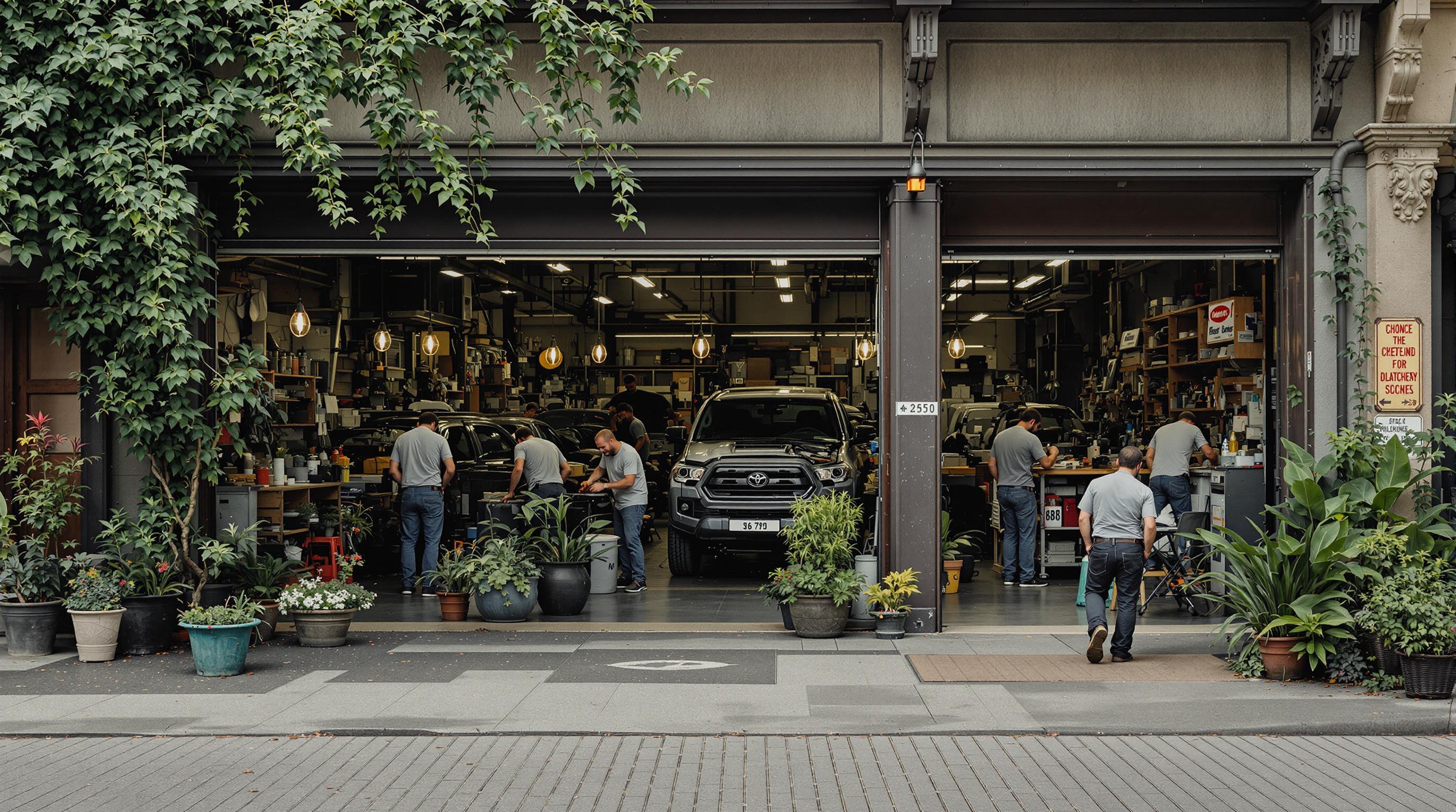 A car repair shop with people working in it, seen from the outside.