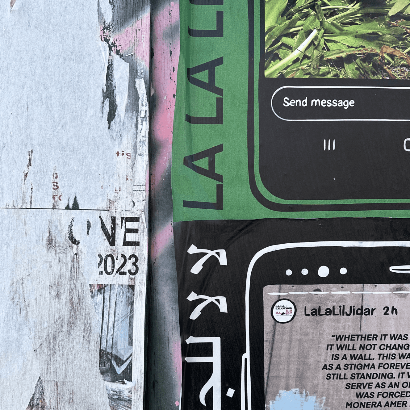In Passing photograph of graphic advertising and layered surfaces