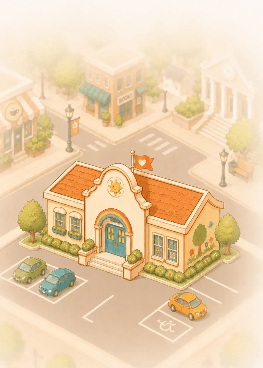Illustration of a large red brick school building with playground equipment