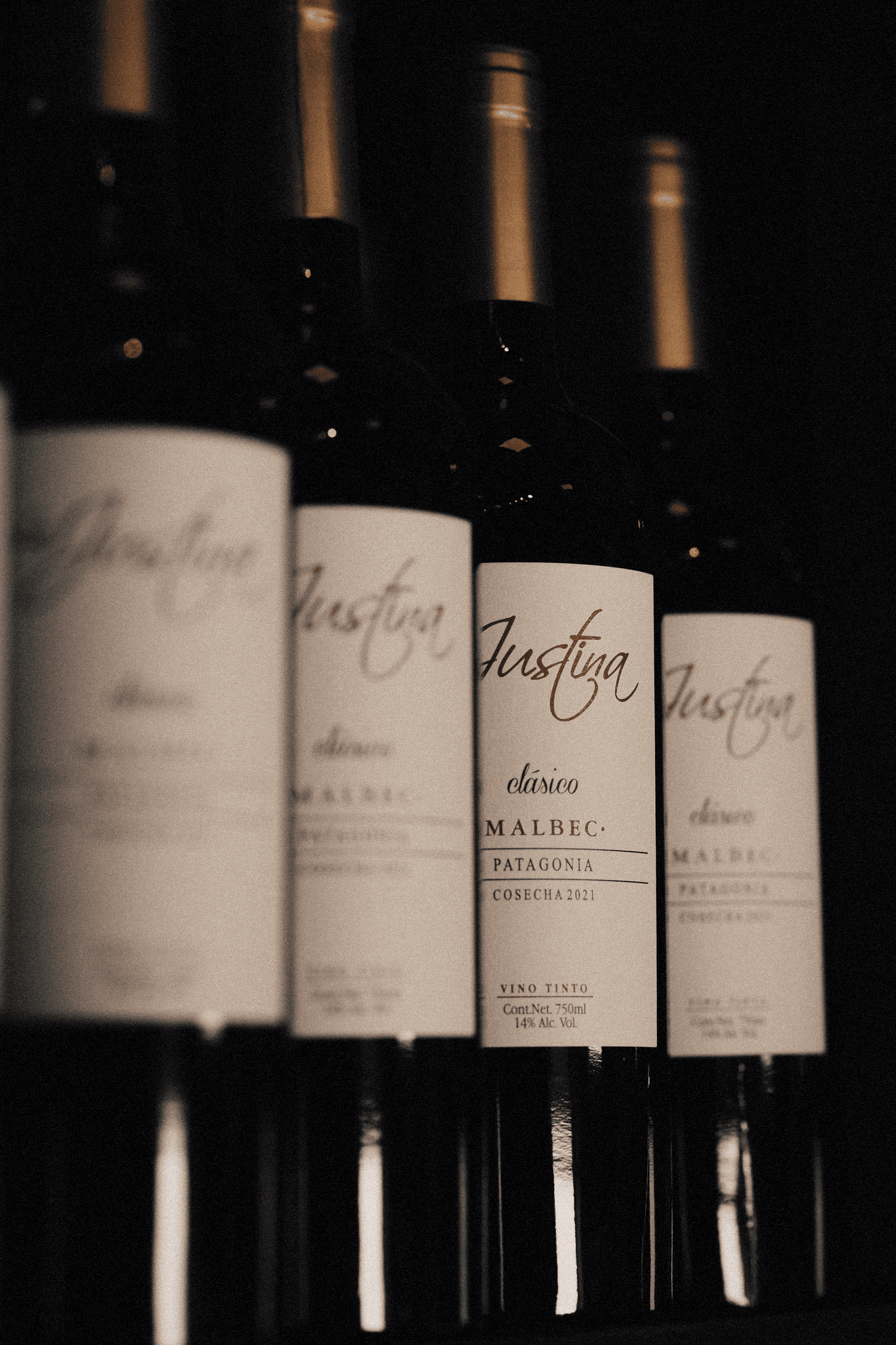 Fotografía de botellas de vino Malbec clásico de La Justina Patagonia, resaltando elegancia, origen premium y dedicación artesanal en cada cosecha.
