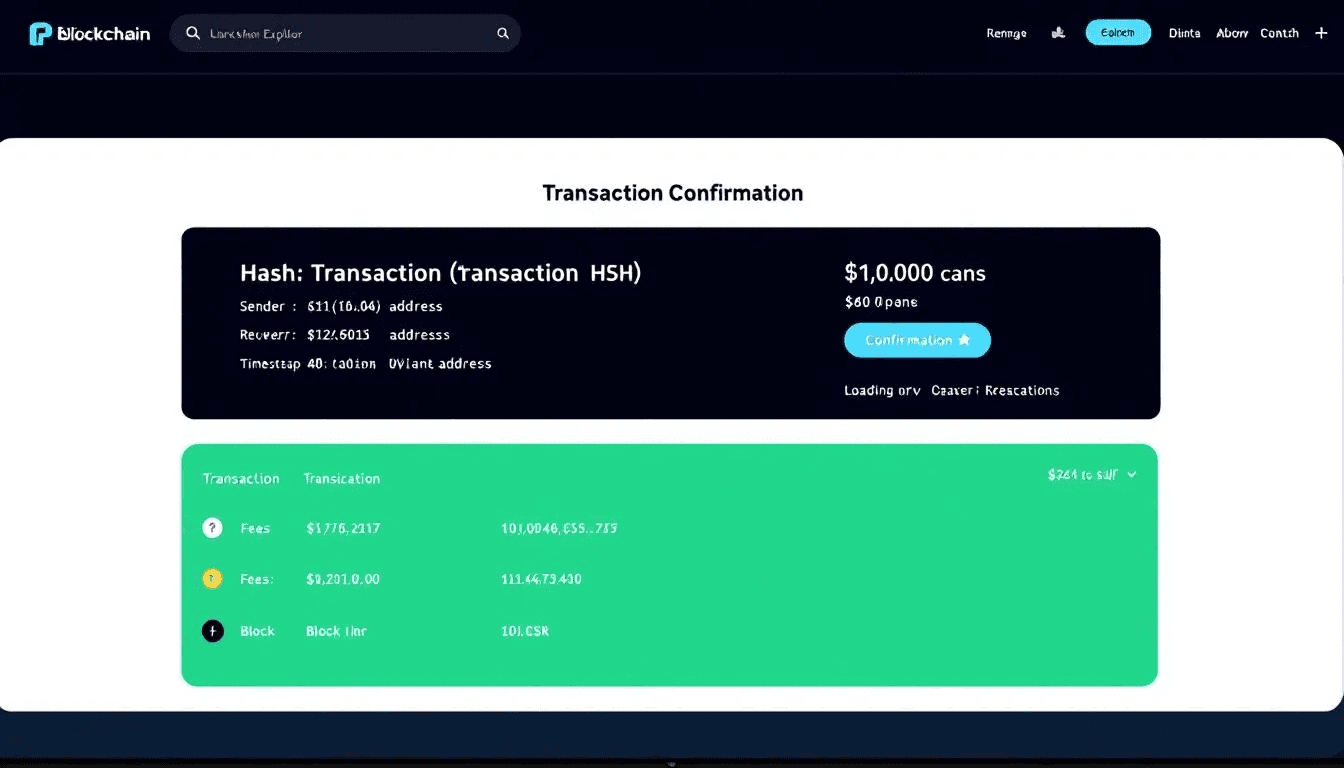 The image depicts a blockchain explorer website displaying detailed information about specific bitcoin transactions, including transaction ID, confirmation status, and transaction fees. It highlights how users can track bitcoin payments and verify recipient's wallet addresses in a straightforward process on either mobile or desktop apps.