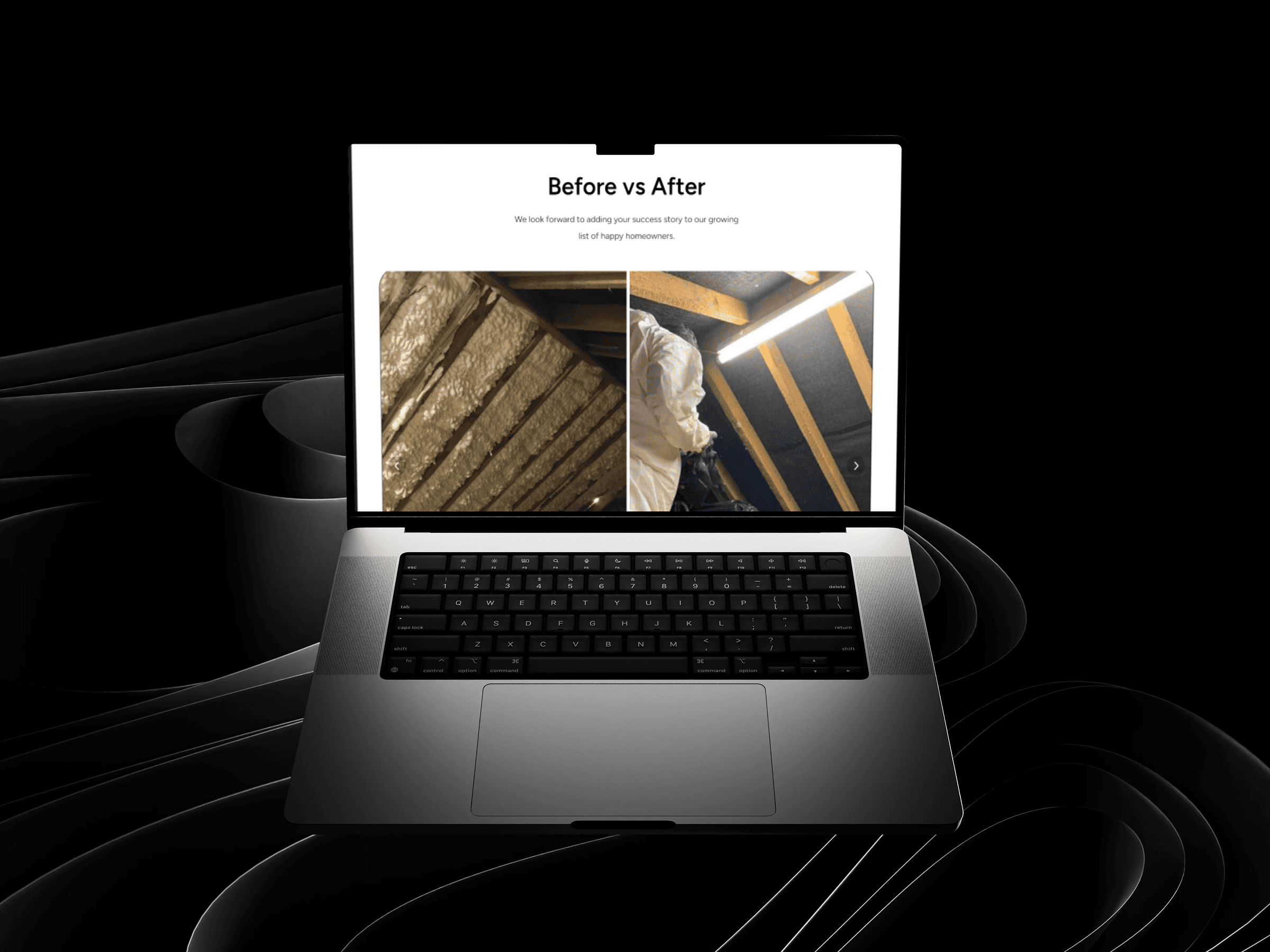 A laptop displaying a "Before vs After" comparison of an attic's insulation, showcasing improved energy efficiency with updated insulation, set against a sleek, abstract black background.