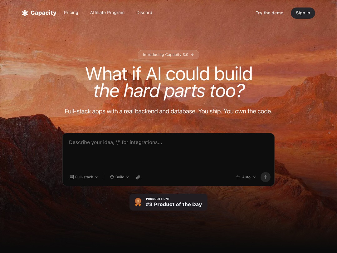 AI app builder: construct full-stack apps smoothly in a Mars-like landscape.