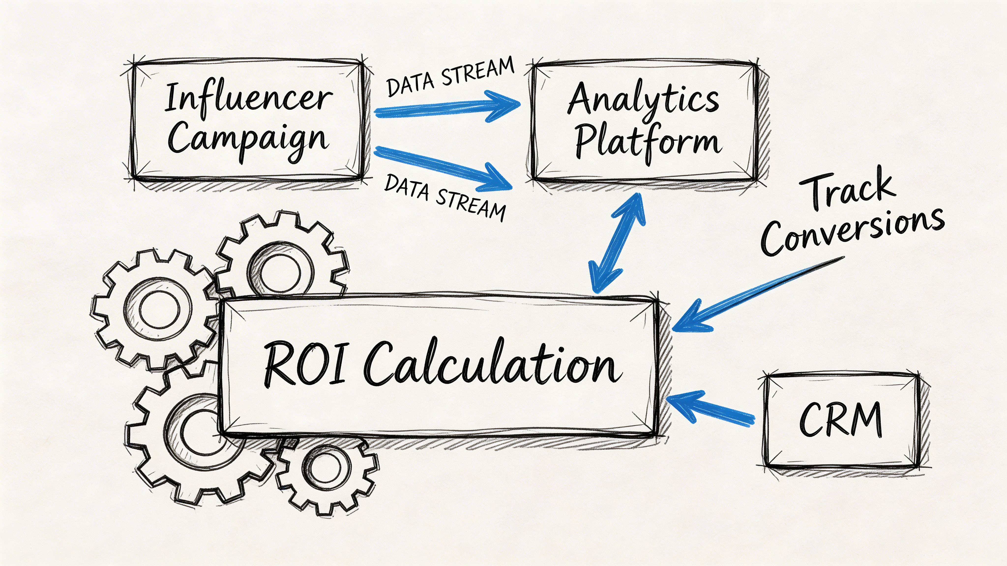 A hand-drawn flowchart illustrating how influencer campaigns and data streams integrate with analytics, CRM, and conversion tracking.
