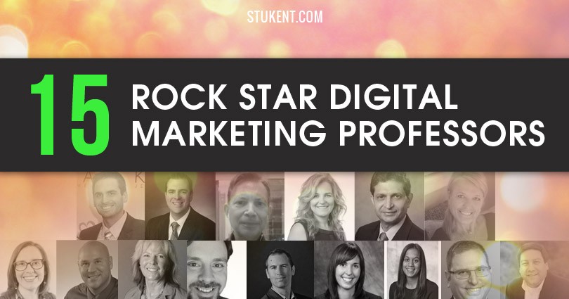 Banner with text: “15 Rock Star Digital Marketing Professors.” Below the text is a row of headshots featuring various professors. The background includes a soft bokeh light effect. Stukent.com appears at the top.