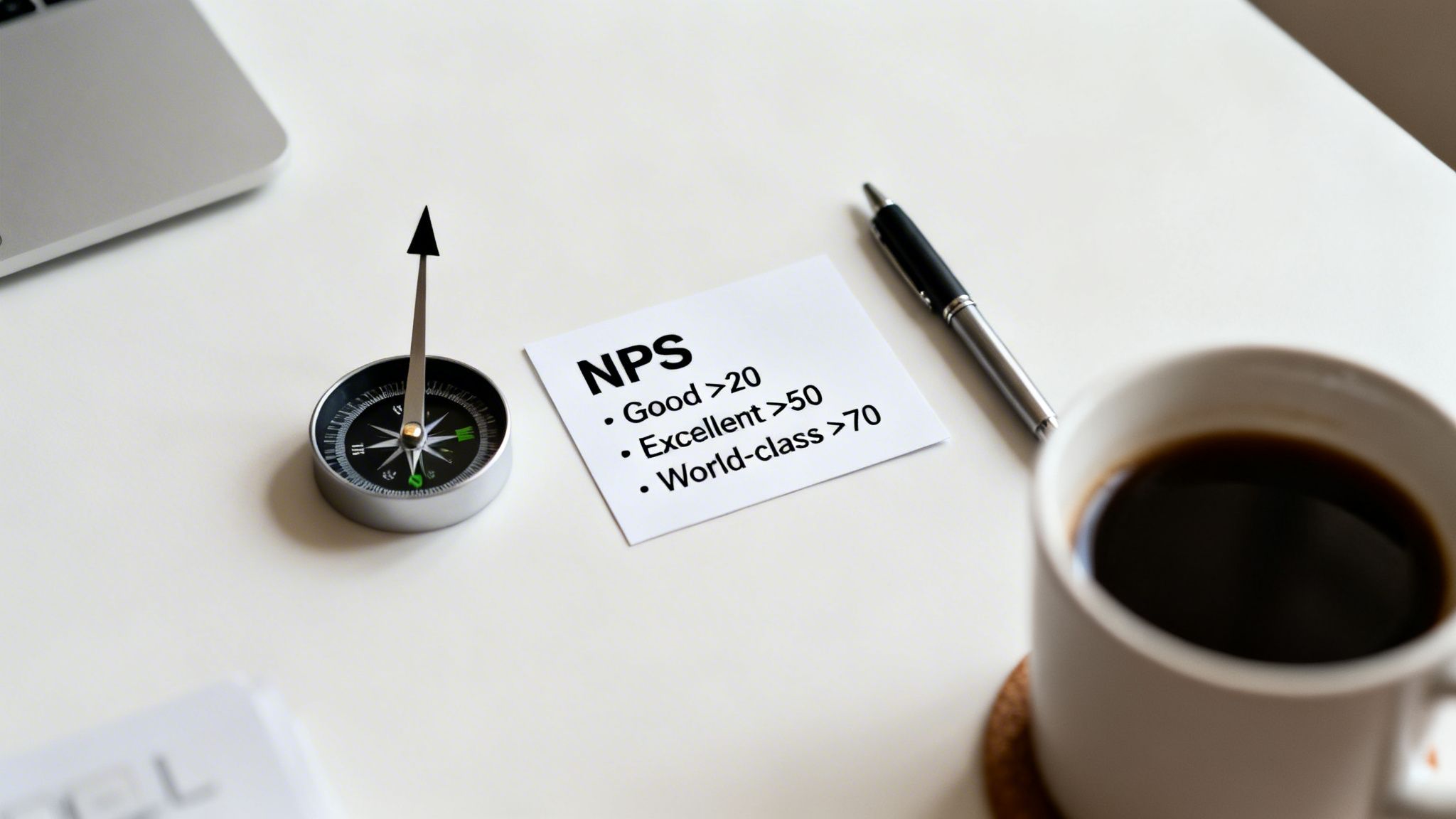A desk with a compass, a pen, a laptop, and a note defining Net Promoter Score levels.