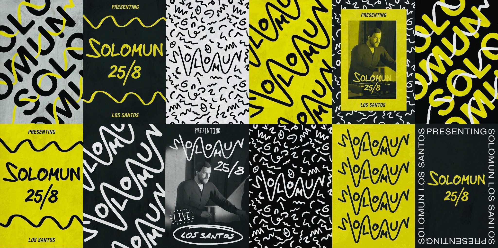 Grid of ten event poster variations for Solomun at Los Santos on 25/8, in yellow, black and white with bold hand-drawn typography.
