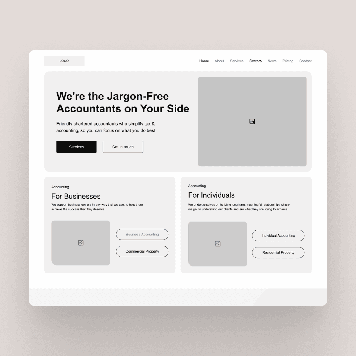 Website homepage wireframe for accountants. Includes "Get Started" and "Get in touch" buttons, and services for businesses and individuals.