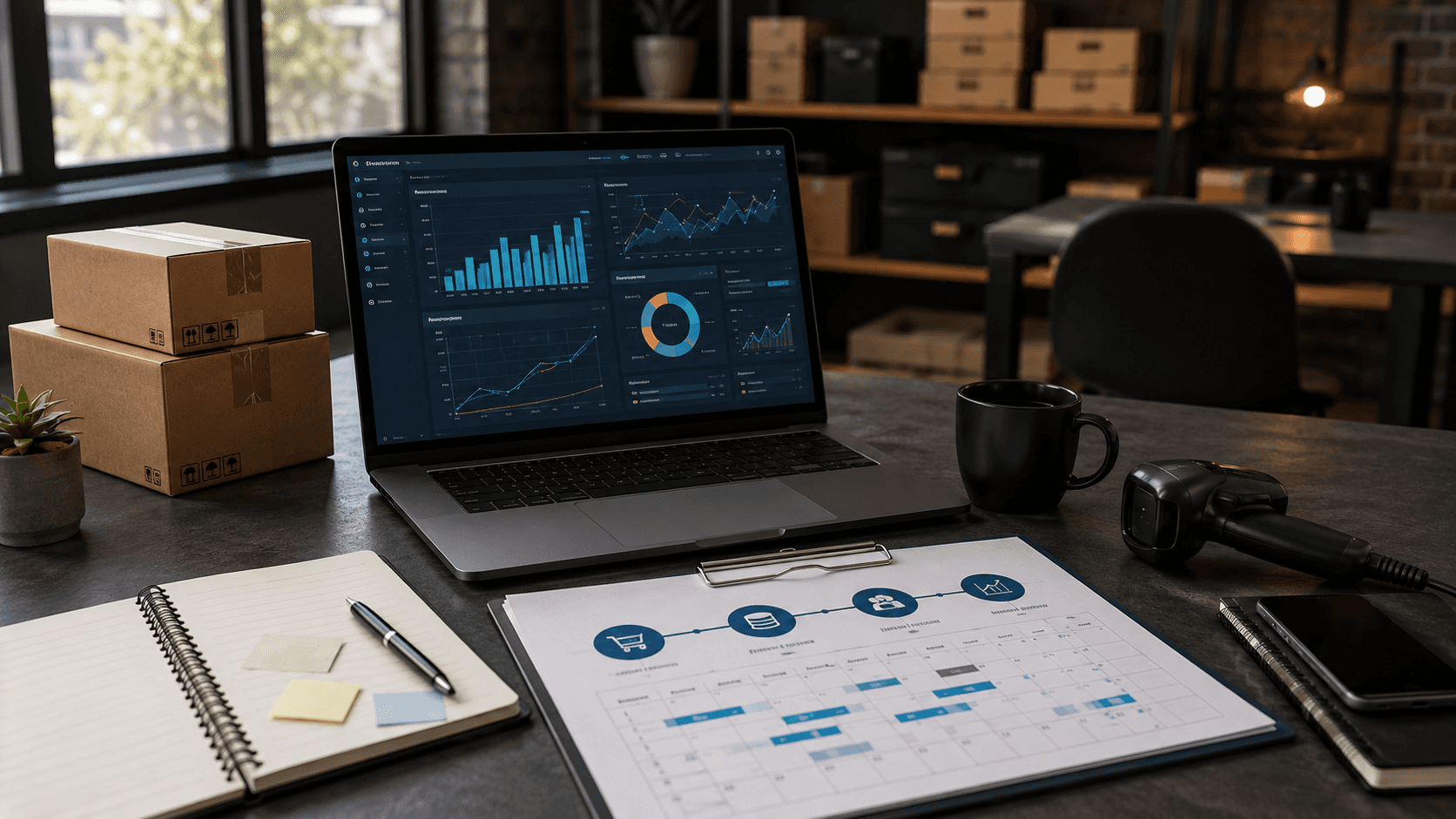 Mesa de trabalho moderna em ambiente corporativo com notebook exibindo dashboards e gráficos de desempenho, caixas de envio, scanner, celular, bloco de anotações e cronograma impresso sobre a mesa. O cenário transmite a operação de lançamento de uma loja B2B, com foco em integração de sistemas, organização de catálogo, onboarding de clientes e acompanhamento de métricas. Ambiente em estilo 3D realista, iluminação quente e sem presença de pessoas.