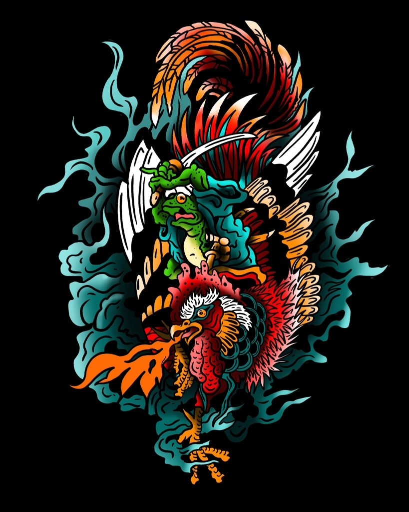 Japanese Ronin Frog riding a rooster irezumi illustration