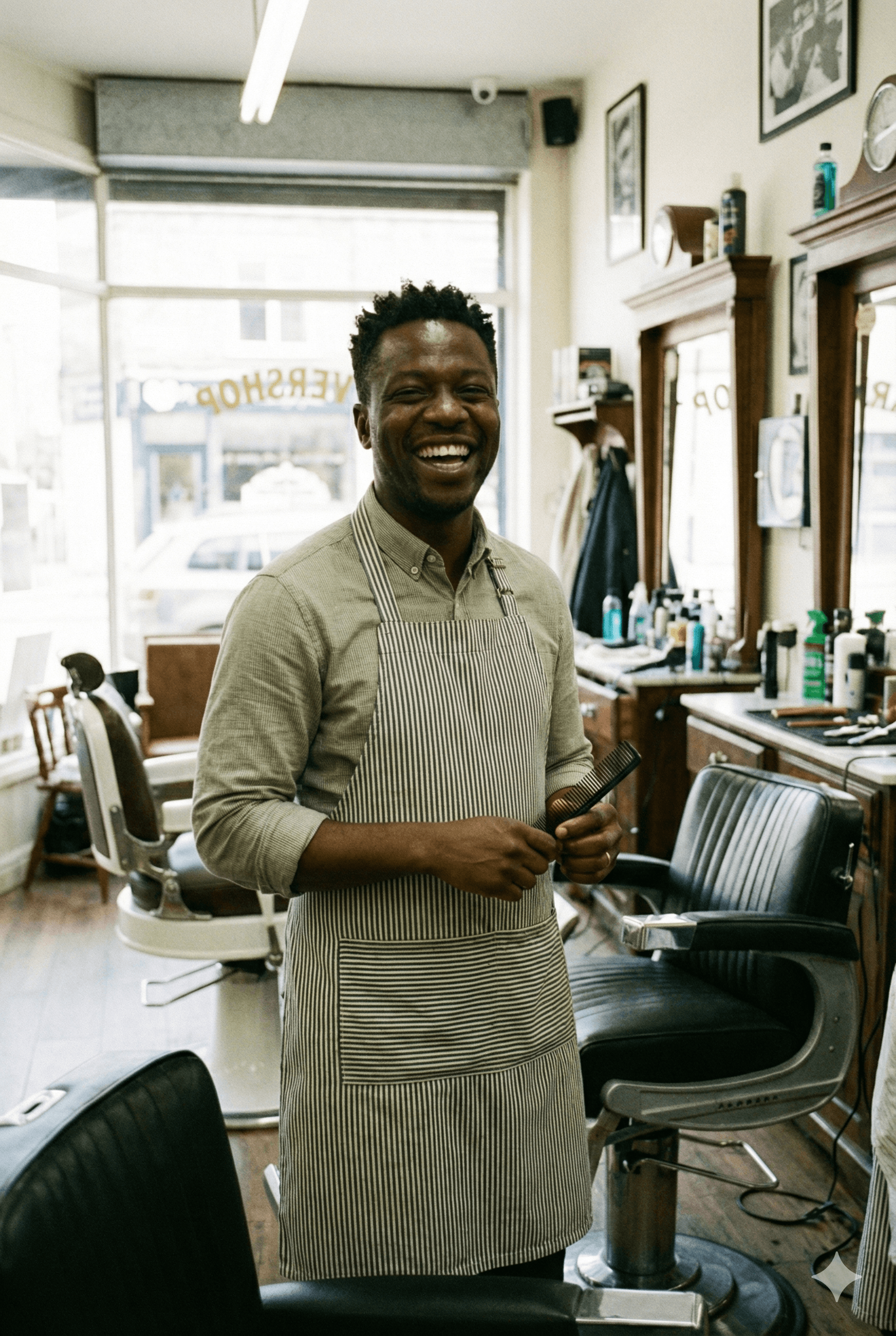 Barber smiling in shop
