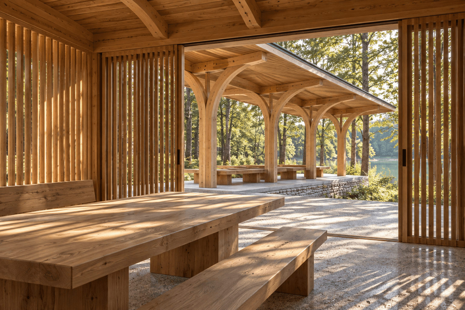 Sliding cedar screens connect the gathering room to the open pavilion.