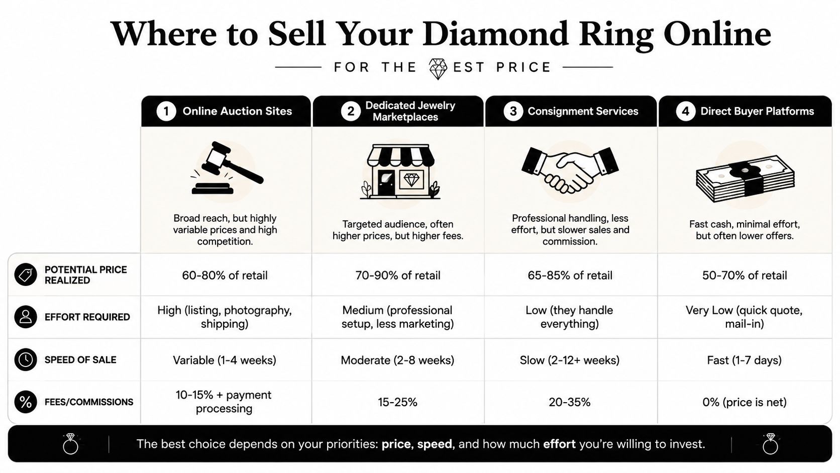 A comparison chart outlining four different online methods to sell a diamond ring based on price, effort, and speed.