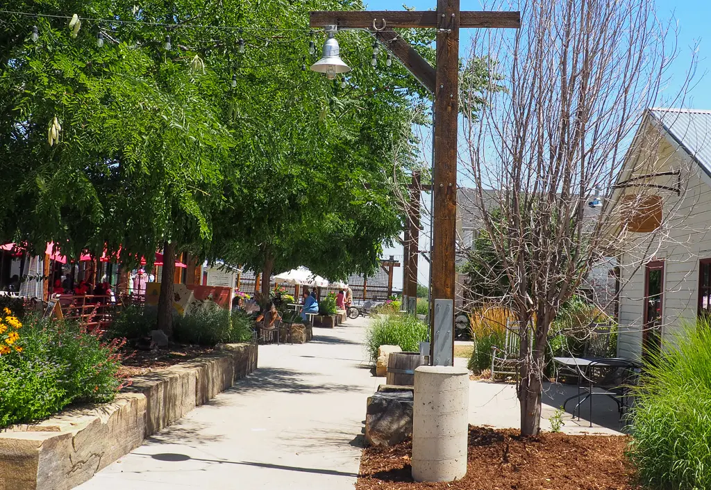 Outdoor patio with trees abd small white building housing a coffee shop.