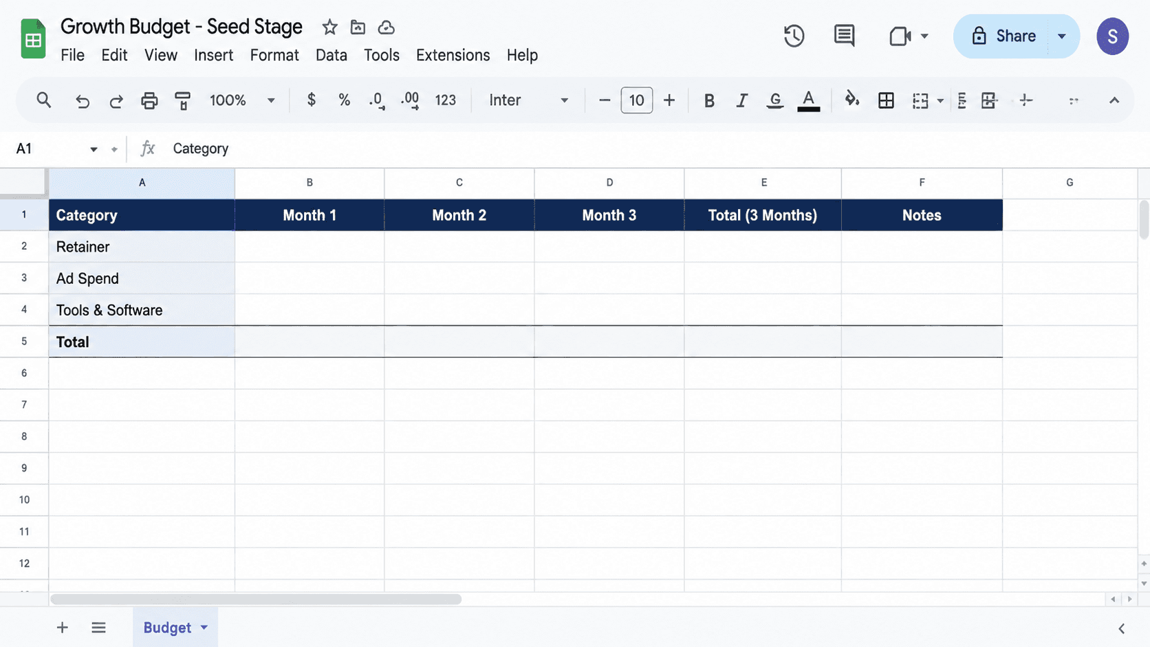A screenshot mockup of a simple spreadsheet showing a seed stage growth budget.