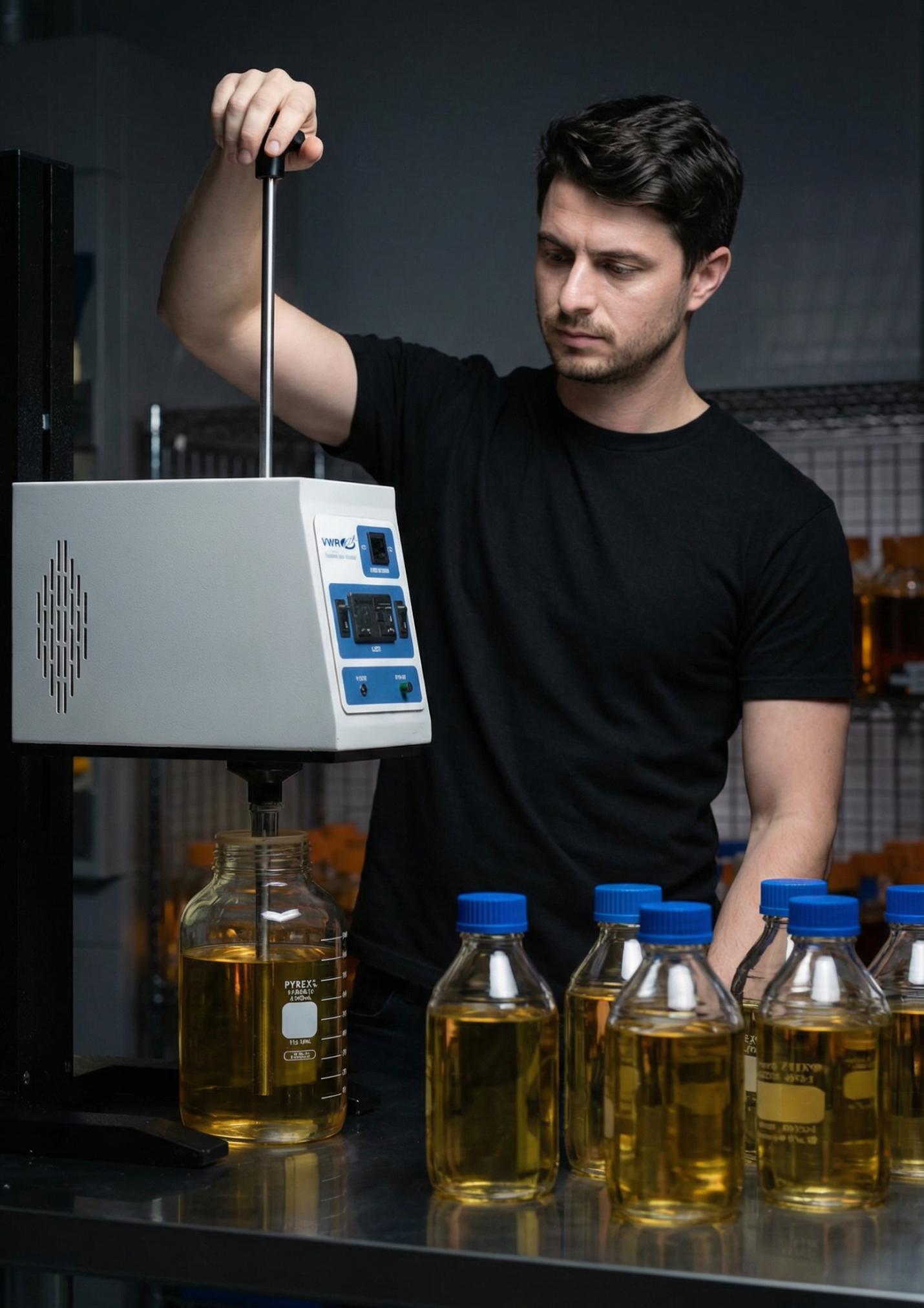 man mixing oil in a glass jar with a mechanical machine