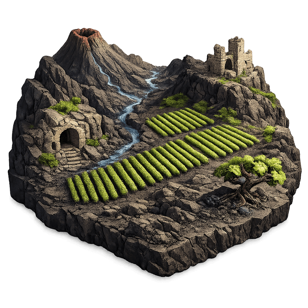 Artistic illustration of the Basilicata wine region.