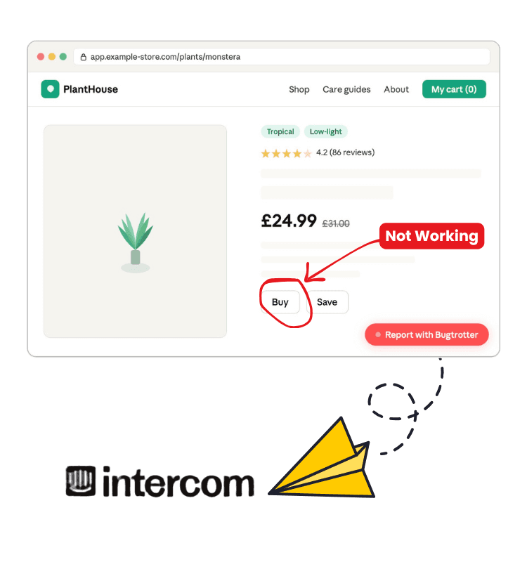 Customer reporting a broken checkout button by sending a Bugtrotter video report directly to Intercom
