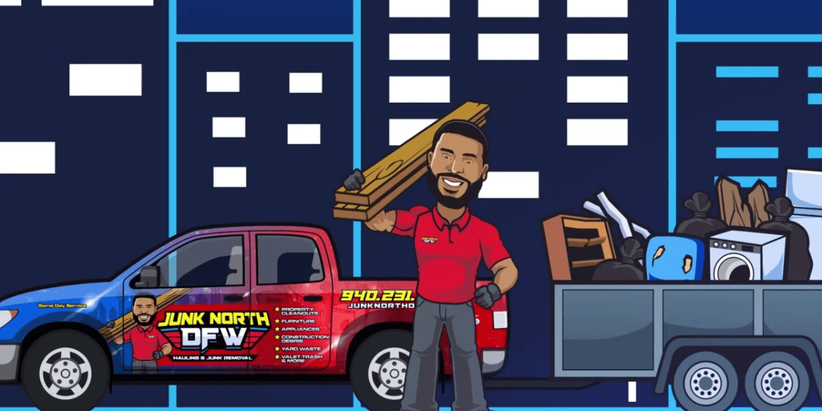 Cartoon man in red shirt smiles while holding wood, next to a truck with "Junk North DFW" branding, towing a trailer of assorted junk, cityscape backdrop.