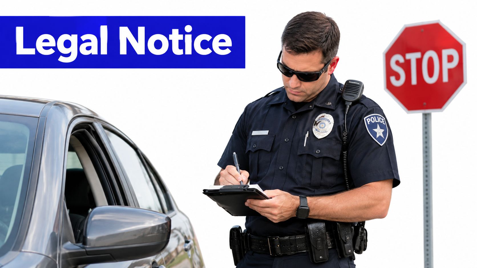 A police officer writing a ticket near a gray car next to a red stop sign