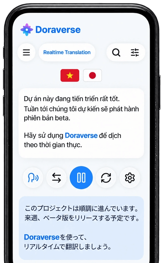 スマートフォンのDoraverseモバイルアプリで、ベトナム語から日本語へリアルタイム翻訳