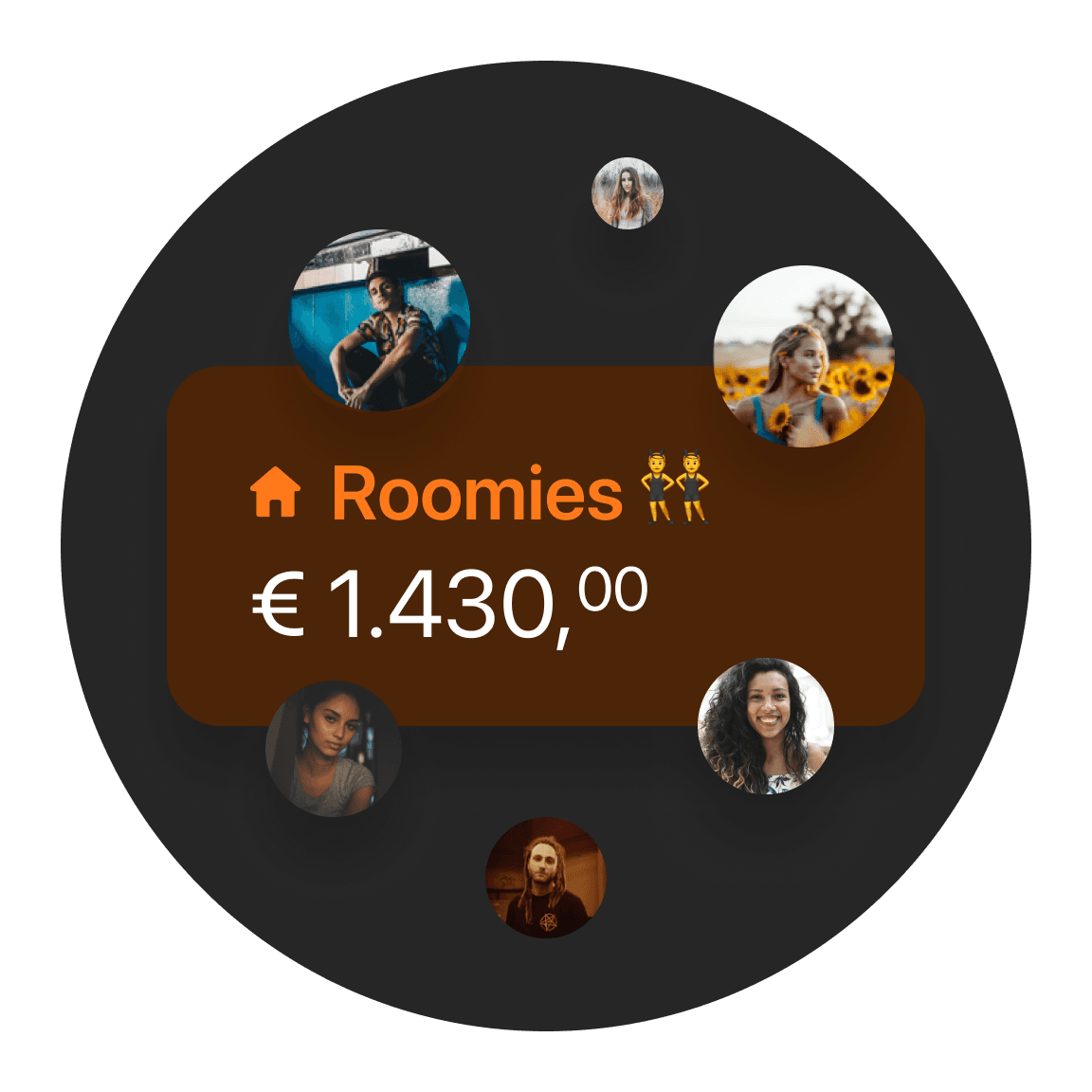 Circular graphic displaying the text "Roomies" and a price of € 1430, with small images around it.
