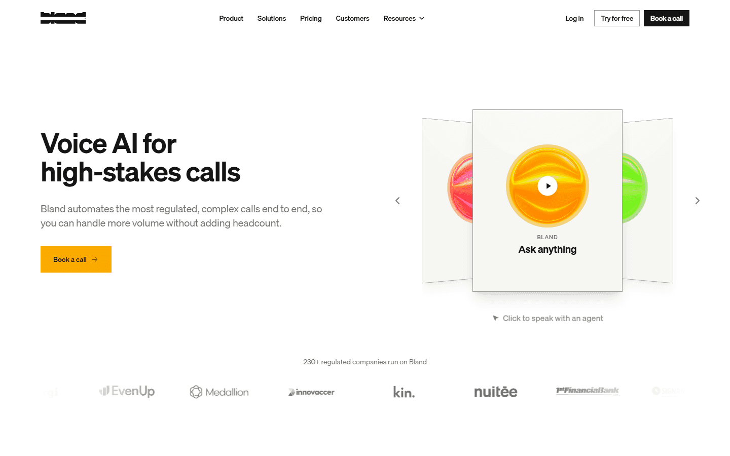 The Bland AI homepage, headlined "Voice AI for high-stakes calls," beside a click-to-talk agent demo.