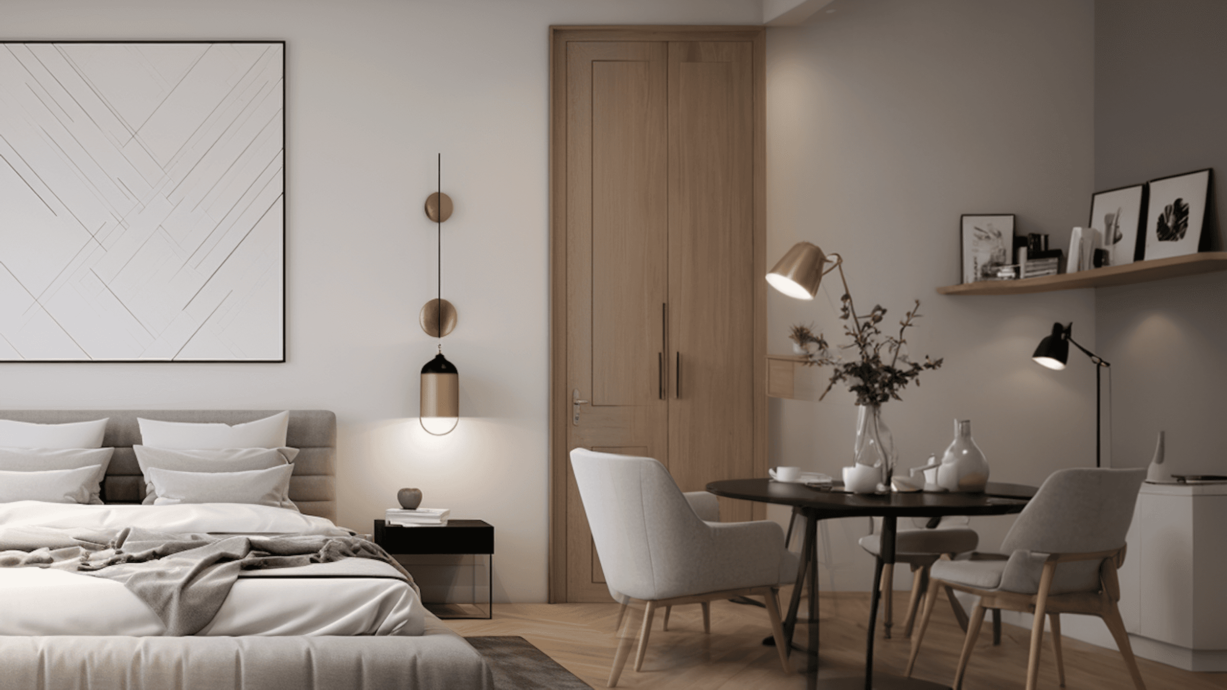 A modern, minimalist bedroom with a bed, lamp, and a small workspace with a chair and wall decor.