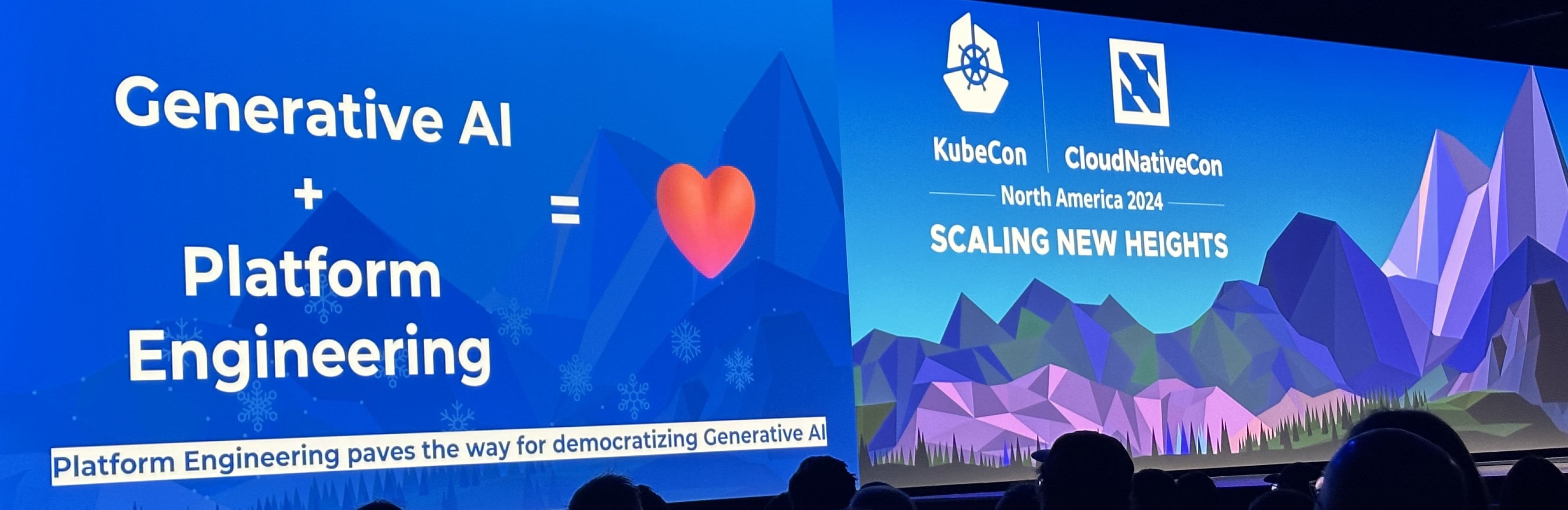 Keynote-Leinwände der KubeCon und CloudNativeCon North America 2024 mit der Folie Generative AI plus Platform Engineering ergibt Liebe und dem Konferenzmotto Scaling New Heights