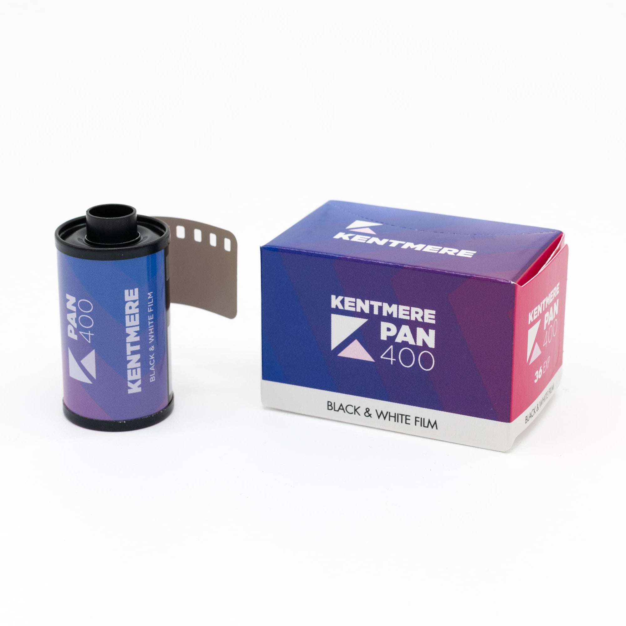 Kentmere Pan 400 black and white film canister and packaging