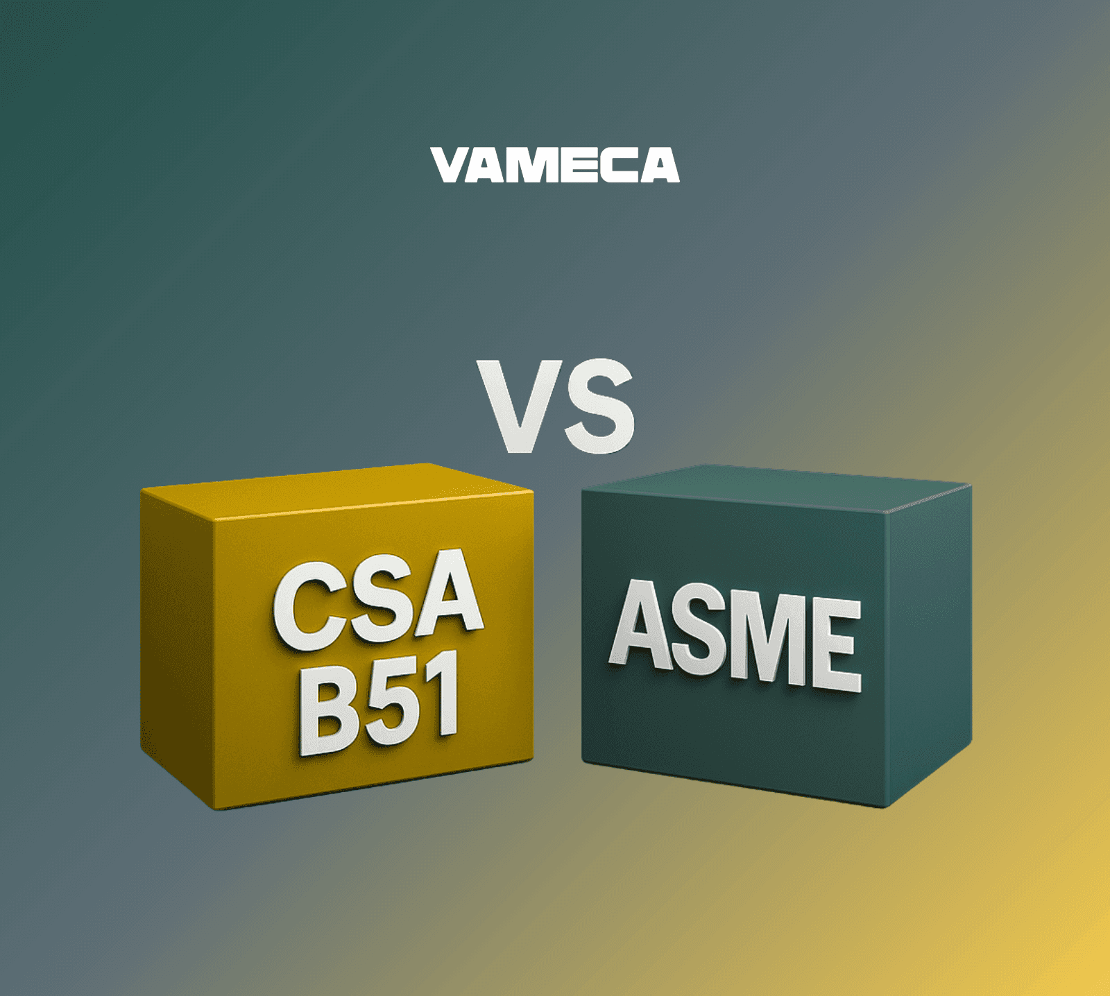 Comparatif 3D entre les normes CSA B51 et ASME sous forme de blocs bleus et rouges, illustrant leur articulation réglementaire.
