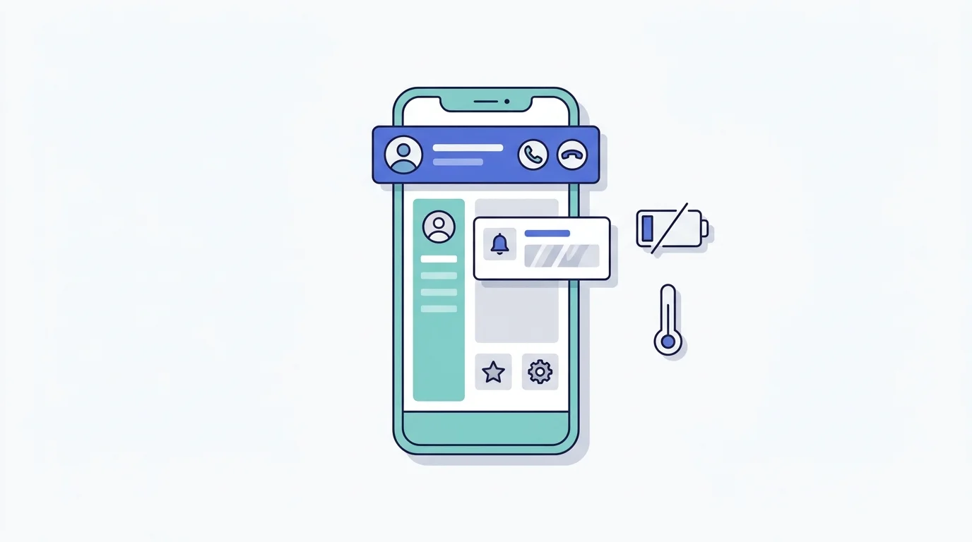 Illustration of an incoming call banner and a notification covering an app screen, next to low battery and heat icons