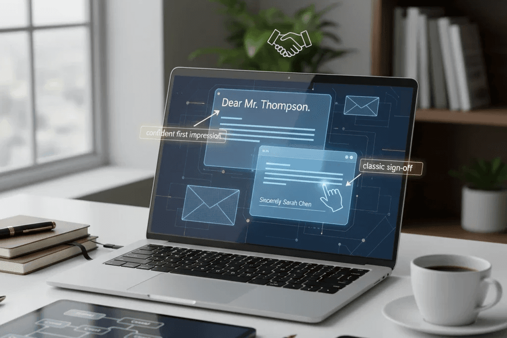 Laptop displaying professional email greeting on an office desk