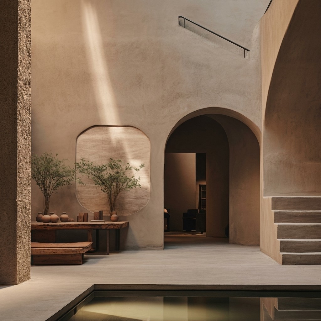 Minimalist interior with smooth plaster arches, a dark indoor pool, and a dramatic ray of sunlight.