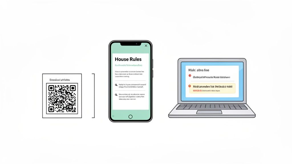 QR code, smartphone showing 'House Rules' app, and laptop displaying a risk warning message.