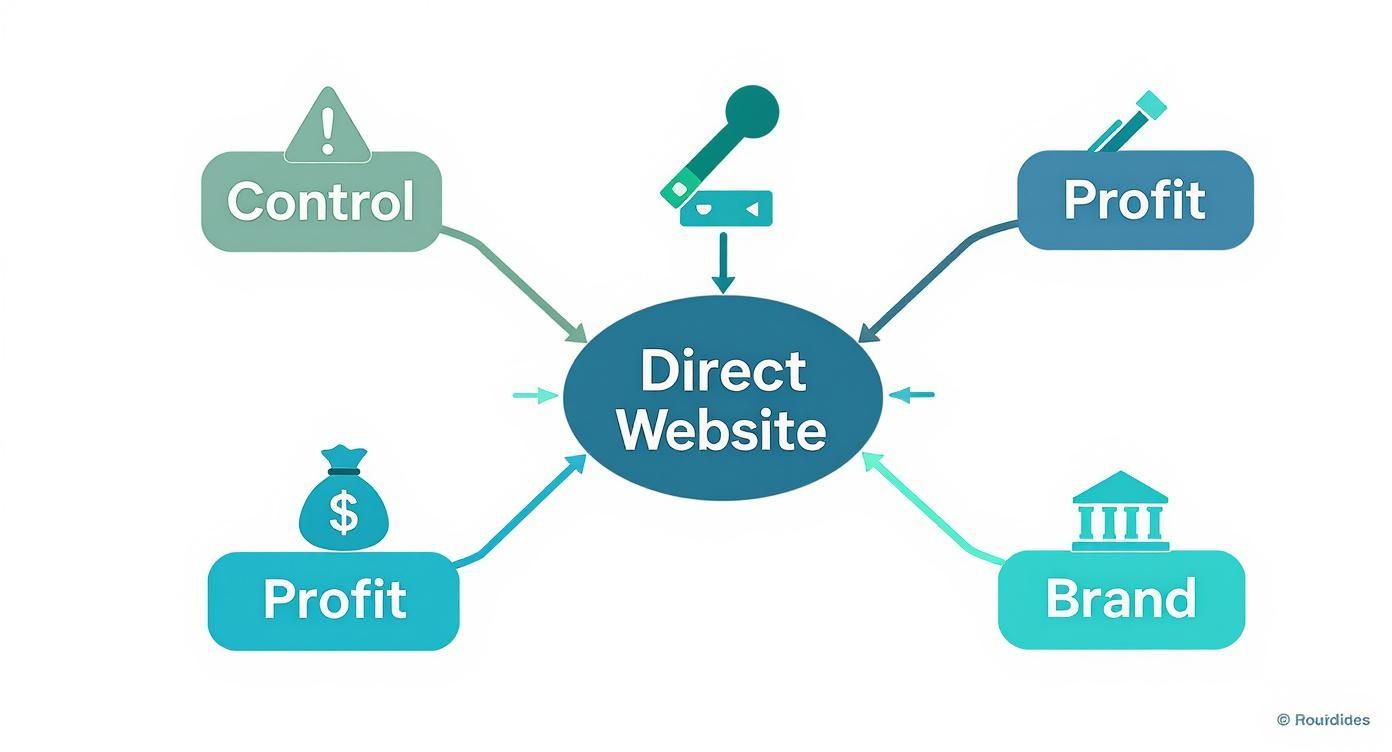 A diagram illustrating the benefits of a direct website, including control, profit, and brand.